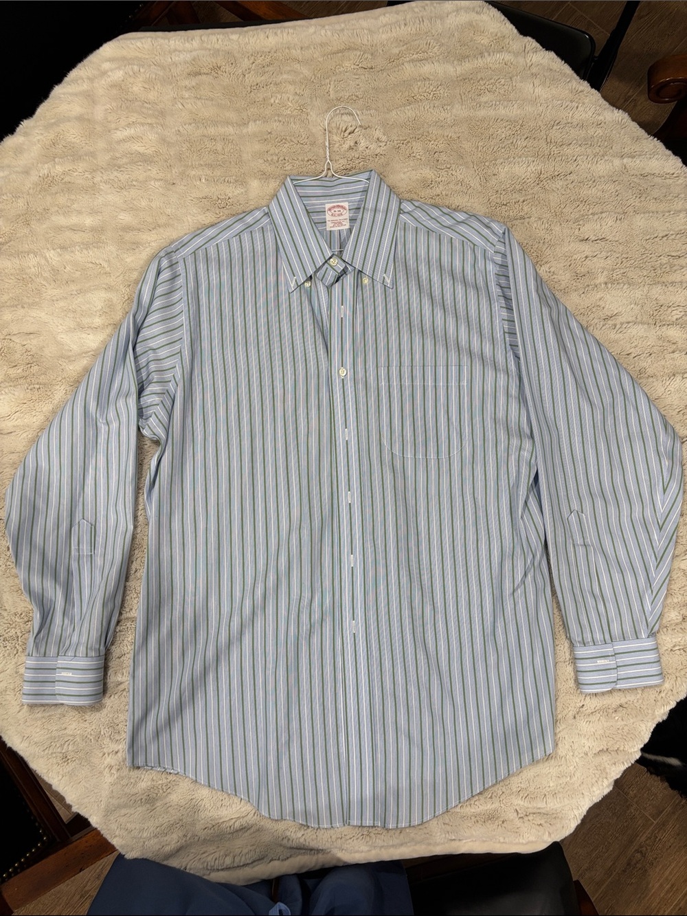 Brooks Brothers Light Blue, Green & White Striped Button-Down Dress Shirt